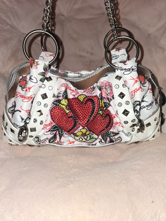 Ed Hardy Handbags - Ed Hardy White Shoulder Bag with Red Heart Motif and Studs